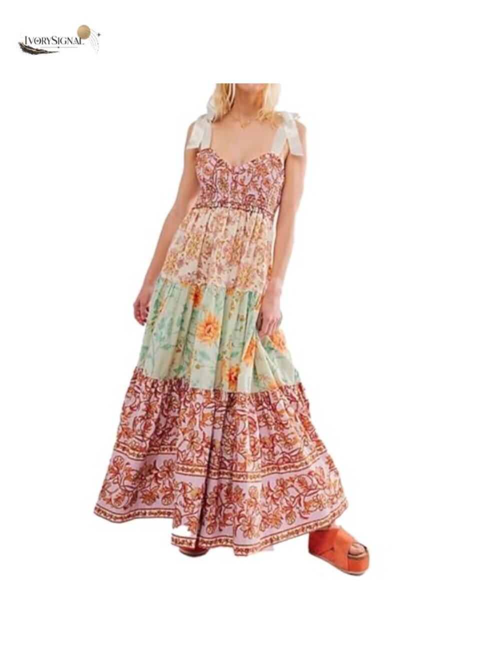 Women Floral Maxi Dress Tie Shoulder Smocked Flowy Boho Dress with Pockets